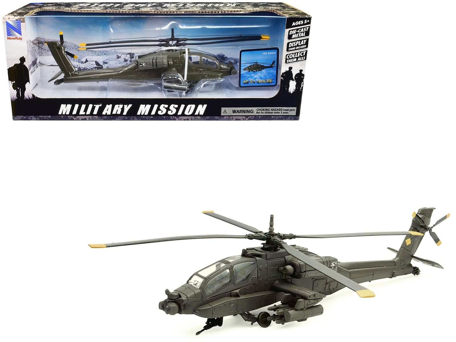 Boeing AH-64 Apache Attack Helicopter Olive Drab “United States Army” “Military Mission” Series 1/55 Diecast Model by New Ray