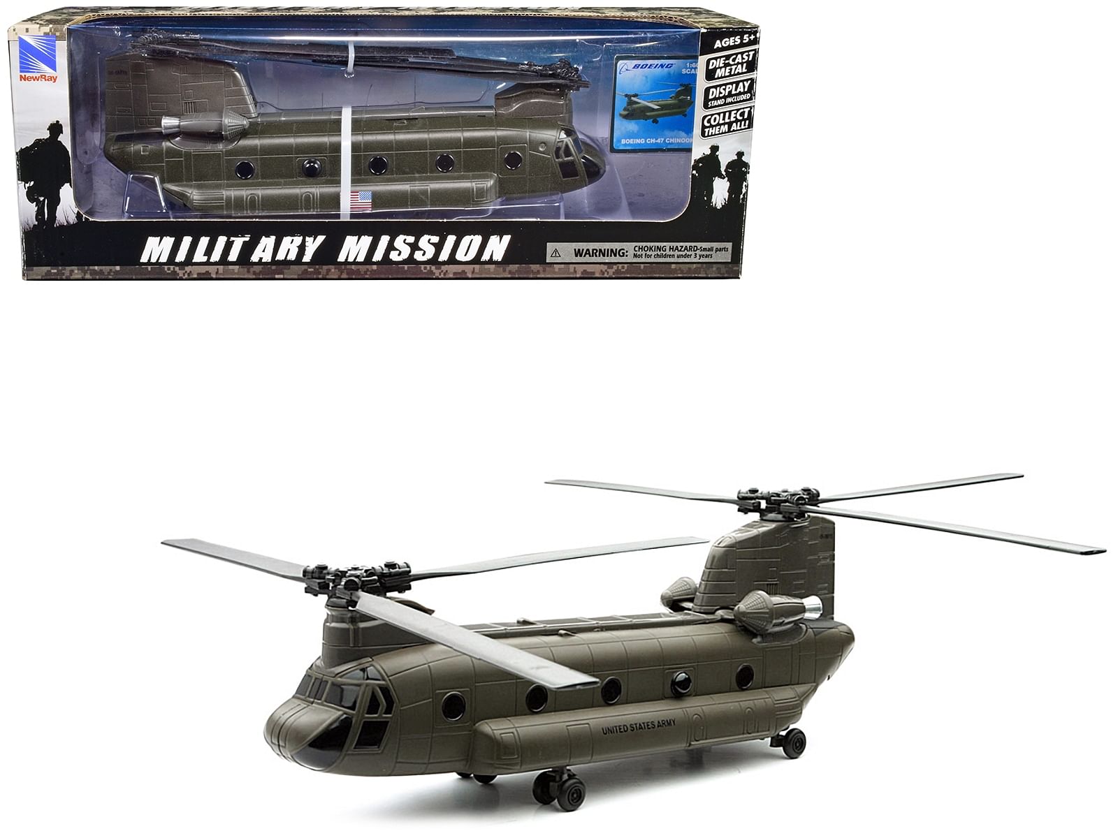 Boeing CH-47 Chinook Aircraft “United States Army” Olive Drab “Military Mission” Series 1/60 Diecast Model by New Ray