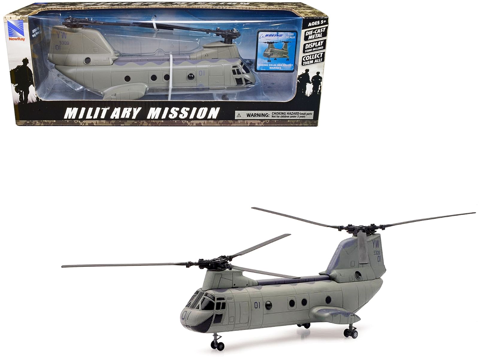 Boeing CH-46 Sea Knight Helicopter Olive Drab “United States Marines” “Military Mission” Series 1/55 Diecast Model by New Ray