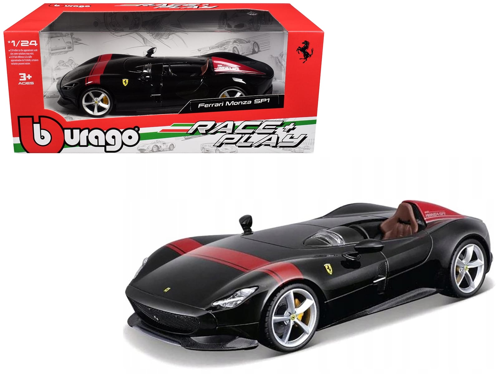 Ferrari Monza SP1 Black Metallic with Red Stripes "Race & Play" Series 1/24 Diecast Model Car by Bburago - Image 2