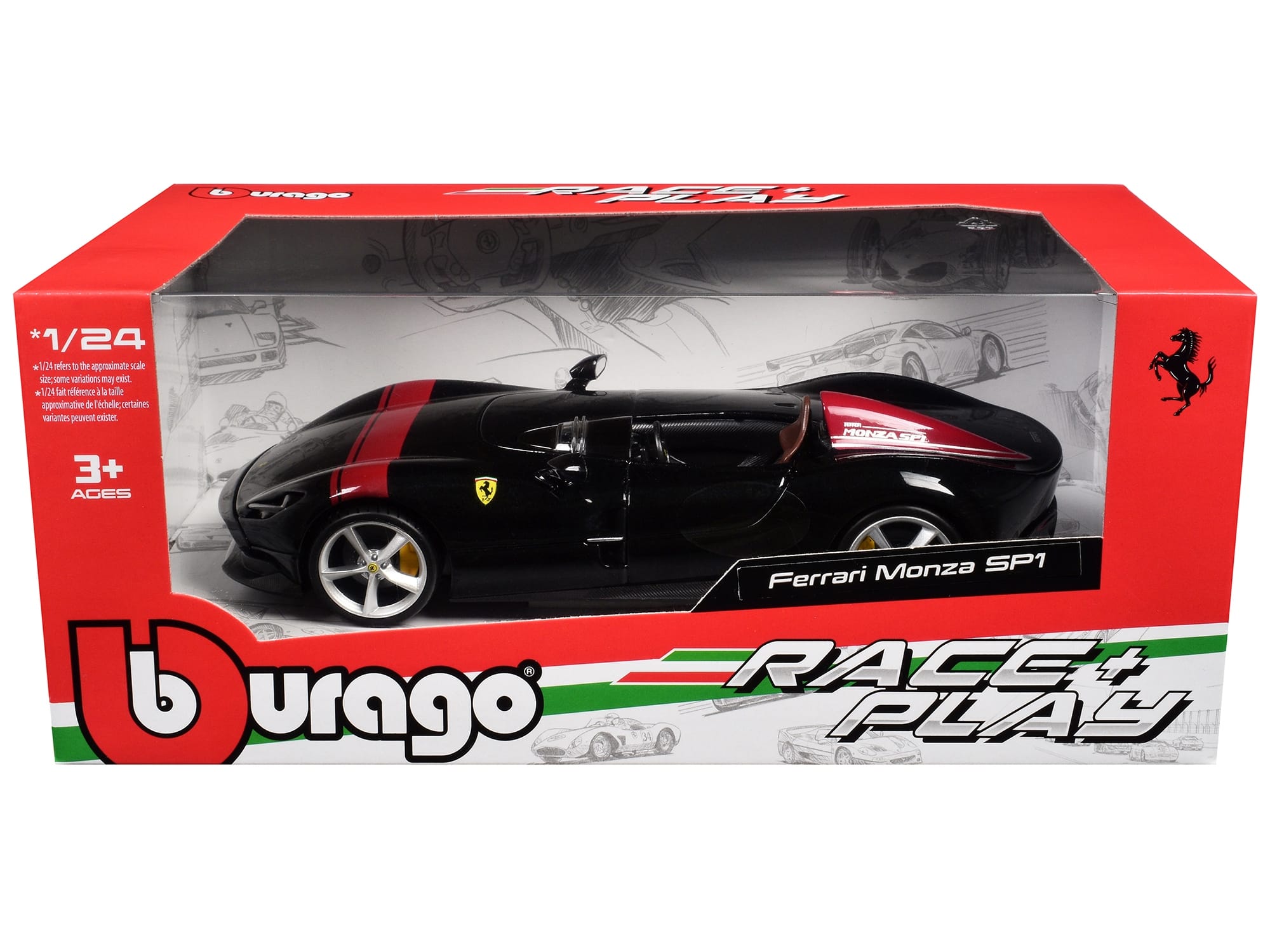 Ferrari Monza SP1 Black Metallic with Red Stripes "Race & Play" Series 1/24 Diecast Model Car by Bburago - Image 3