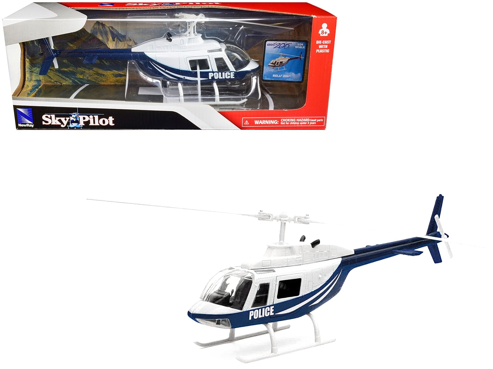 Bell 206 Helicopter Dark Blue and White “Police” “Sky Pilot” Series 1/34 Diecast Model by New Ray