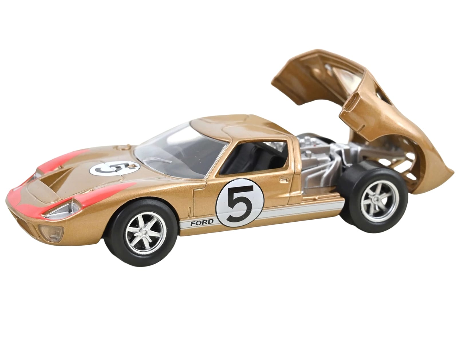 1966 Ford GT40 MKII #5 Kandy Gold Metallic with White Stripes and Red Graphics 1/43 Diecast Model Car by Norev - Image 3