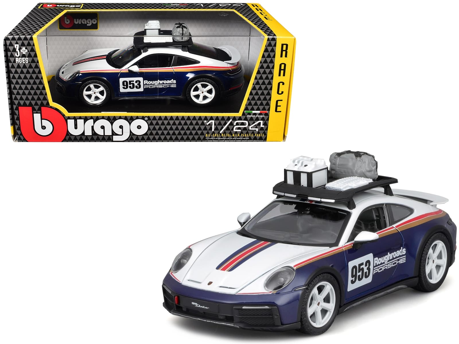Porsche 911 Dakar #953 "Roughroads Porsche" Blue and White with Stripes and Roof Rack "Race" Series 1/24 Diecast Model Car by Bburago - Image 5