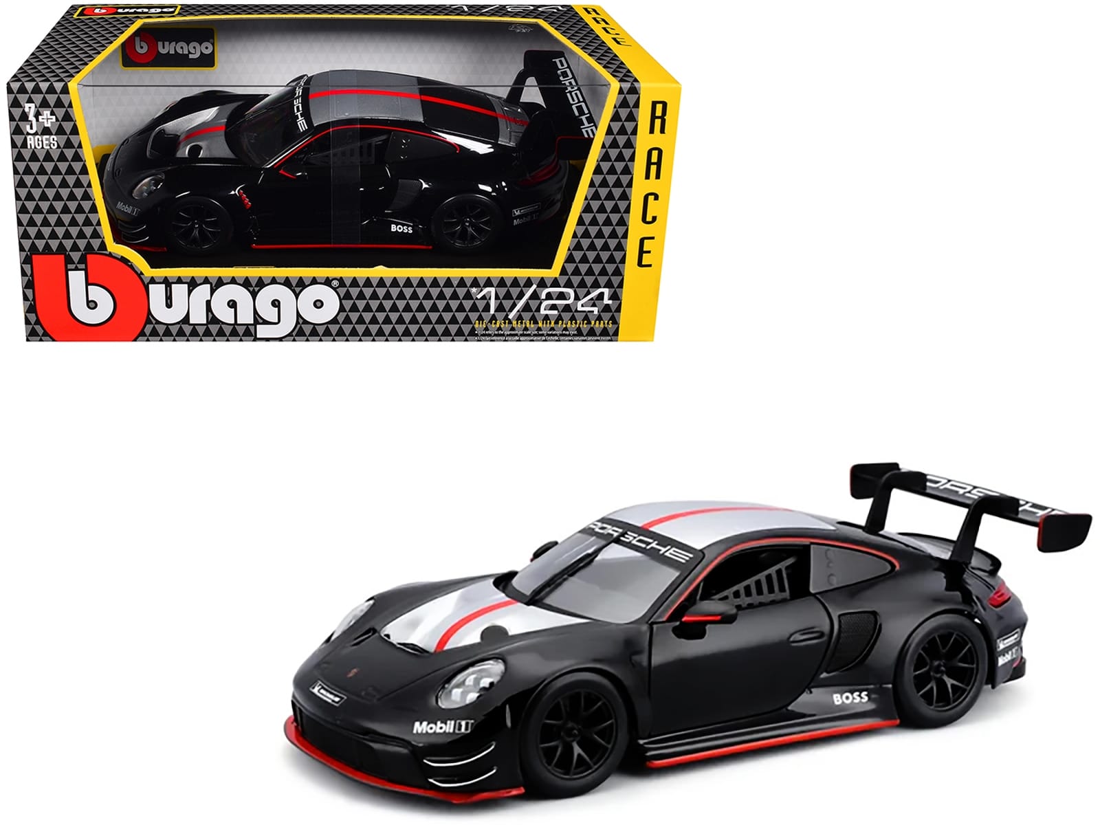 Porsche 911 GT3 R Black with Silver Hood and Top and Red Stripe "Race" Series 1/24 Diecast Model Car by Bburago