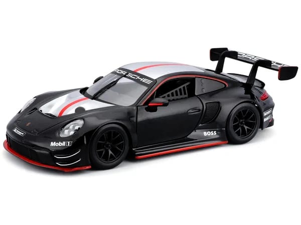 Porsche 911 GT3 R Black with Silver Hood and Top and Red Stripe "Race" Series 1/24 Diecast Model Car by Bburago - Image 2