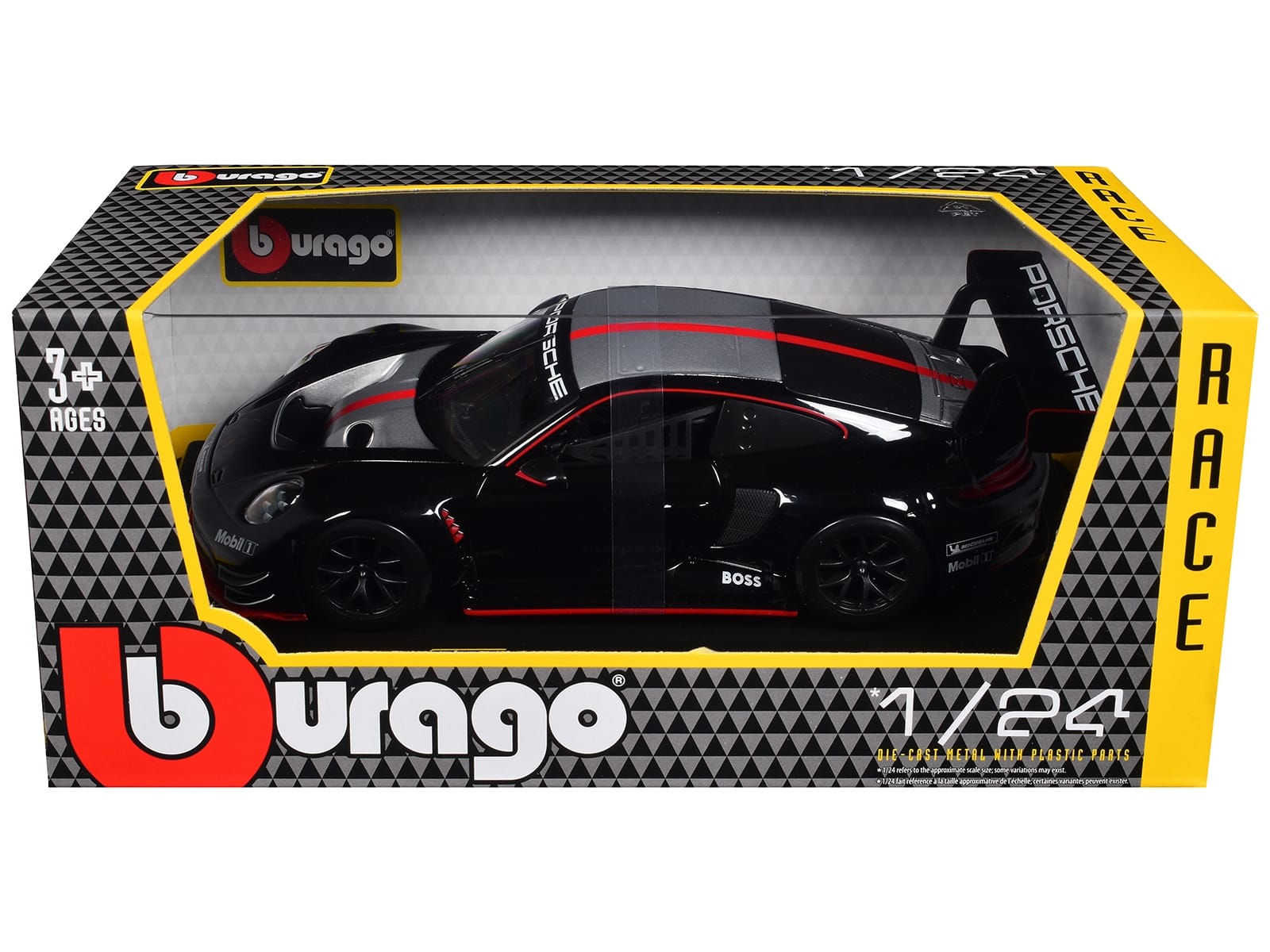 Porsche 911 GT3 R Black with Silver Hood and Top and Red Stripe "Race" Series 1/24 Diecast Model Car by Bburago - Image 3