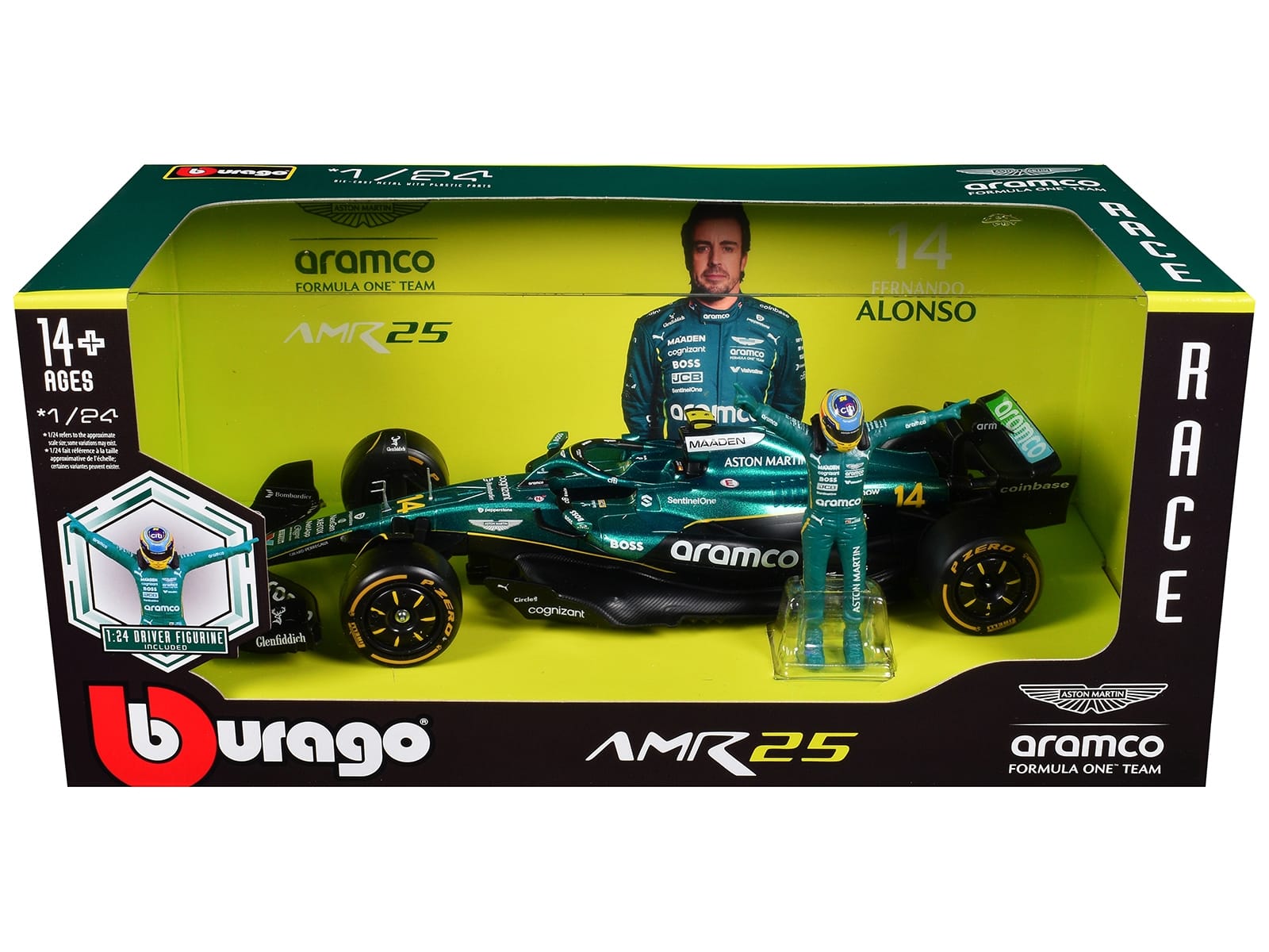 Aston Martin AMR25 #14 Fernando Alonso "Aramco" Formula One F1 "World Championship" (2025) with Driver Figure 1/24 Diecast Model Car by Bburago