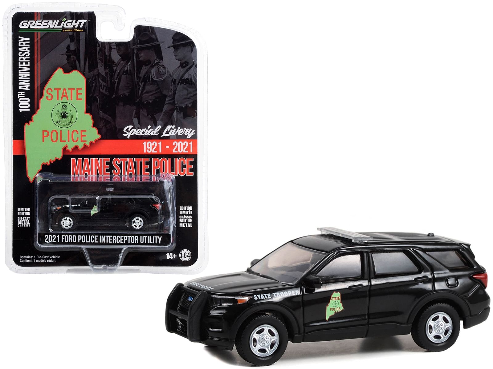 2021 Ford Police Interceptor Utility Black “Maine State Police 100th Anniversary” “Anniversary Collection” Series 15 1/64 Diecast Model Car by Greenlight