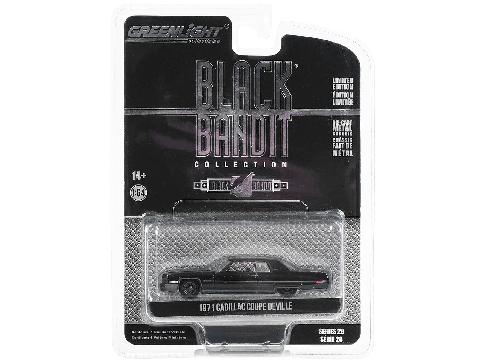 1971 Cadillac Coupe deVille Lowrider Black “Black Bandit” Series 28 1/64 Diecast Model Car by Greenlight