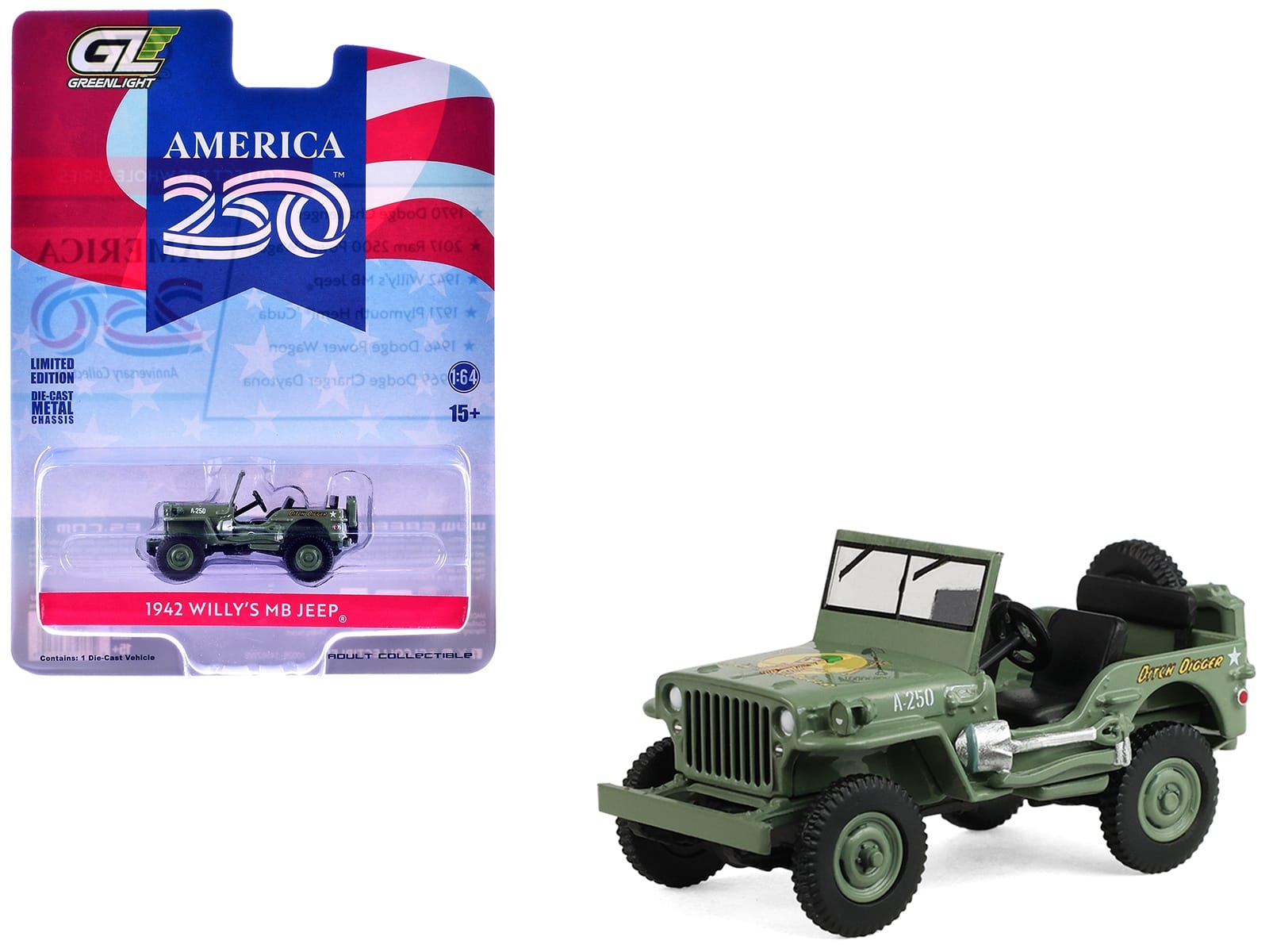 1942 Willy's MB Jeep Olive Green "America 250 Edition" "Anniversary Collection" Series 18 1/64 Diecast Model Car by Greenlight