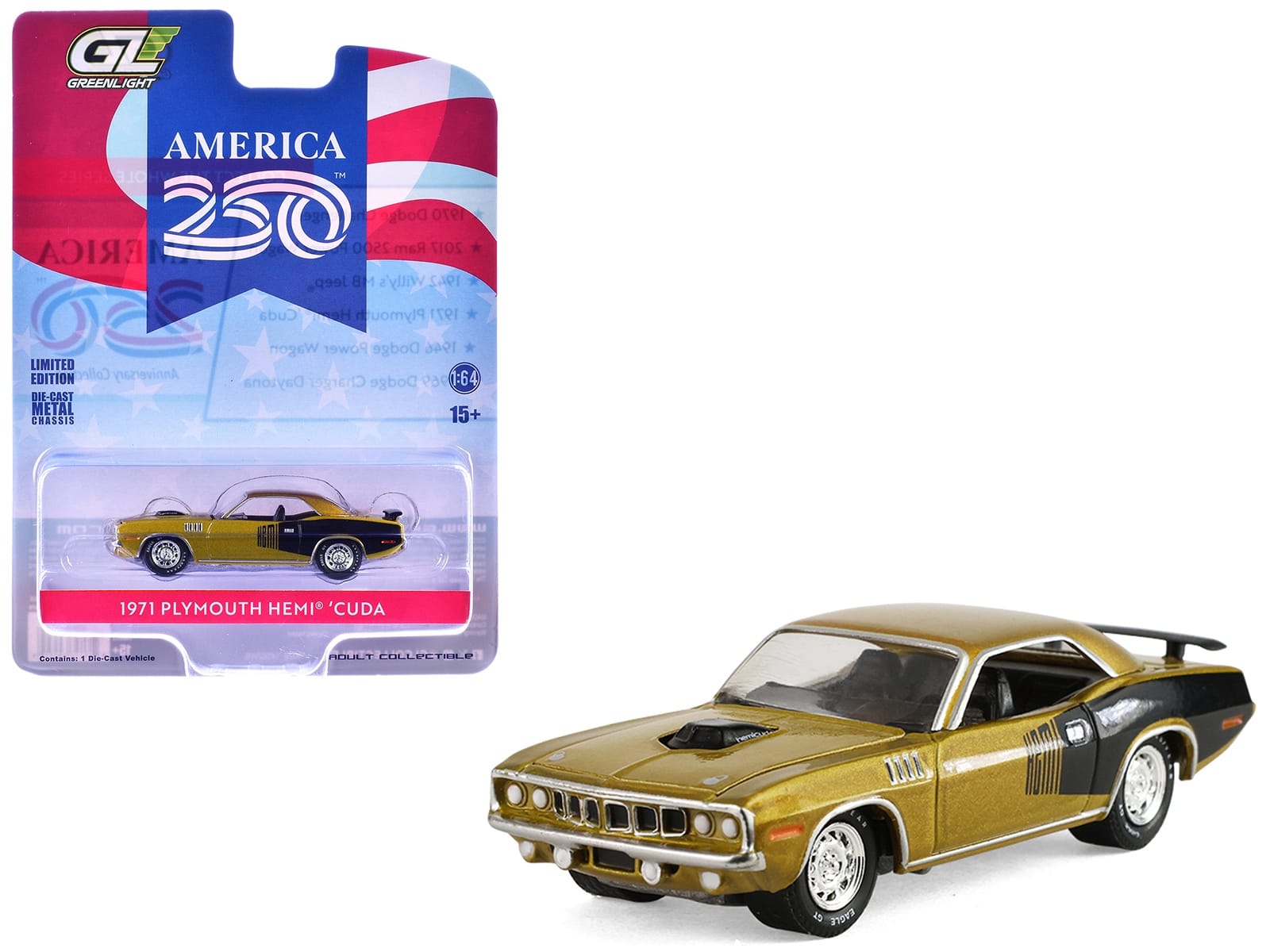 1971 Plymouth Hemi 'Cuda Gold Metallic with Black Accents "America 250 Edition" "Anniversary Collection" Series 18 1/64 Diecast Model Car by Greenlight