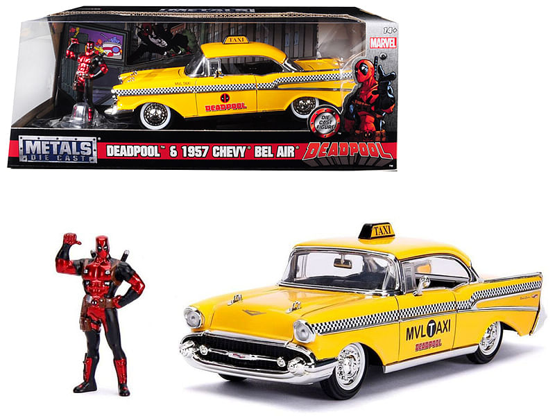 1957 Chevrolet Bel Air Taxi Yellow with Deadpool Diecast Figurine “Marvel” Series 1/24 Diecast Model Car by Jada