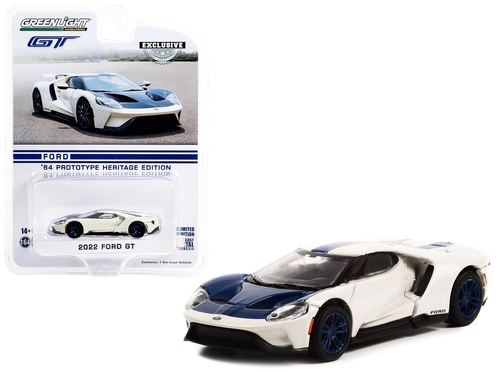 2022 Ford GT “1964 Prototype Heritage Edition” White Metallic with Blue Hood and Stripe “Hobby Exclusive” Series 1/64 Diecast Model Car by Greenlight