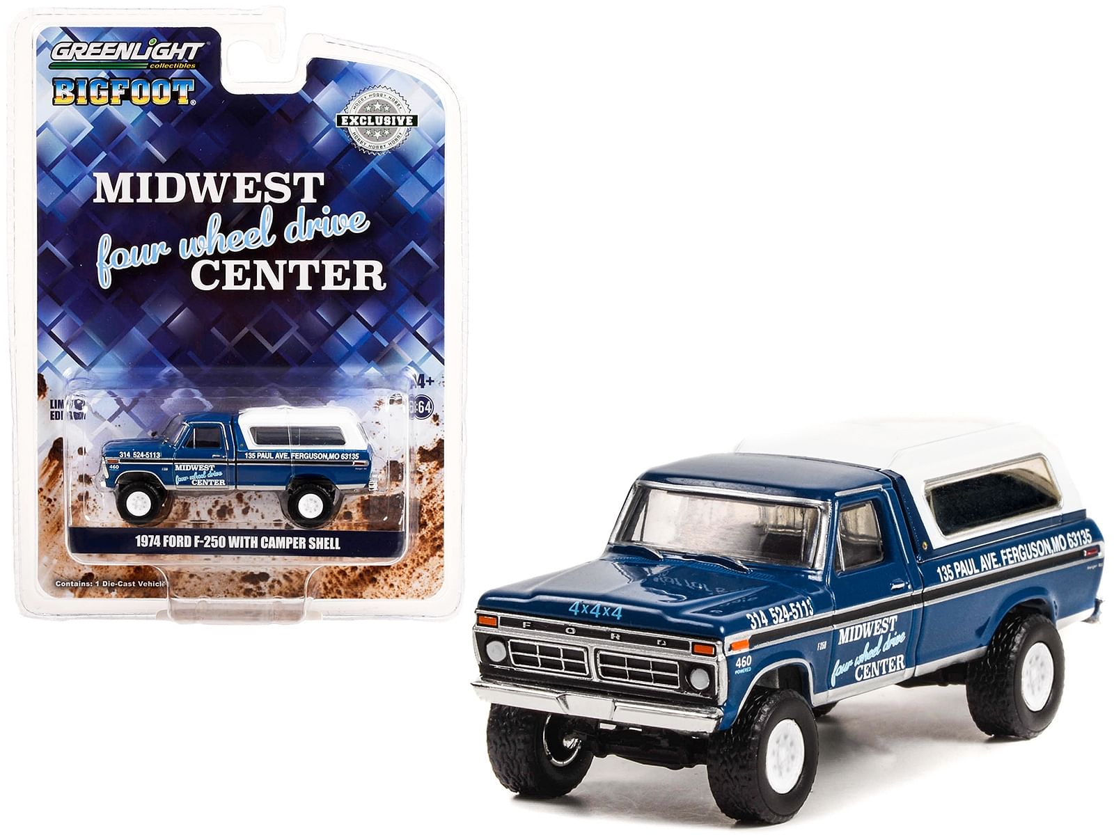 1974 Ford F-250 Pickup Truck with Camper Shell Blue Metallic with Black Stripes “Bigfoot – Midwest Four Wheel Drive Center” “Hobby Exclusive” 1/64 Diecast Model Car by Greenlight