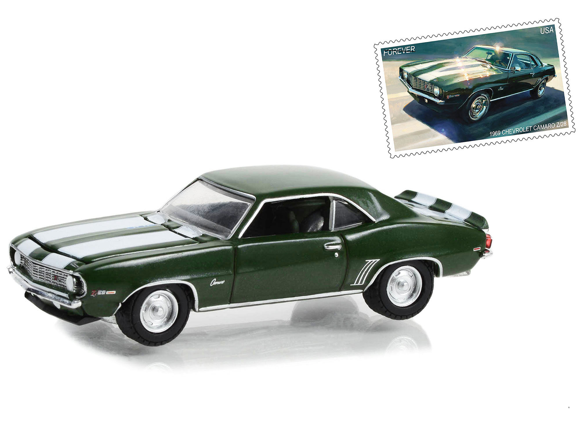 1969 Chevrolet Camaro Z/28 Green Metallic with White Stripes USPS (United States Postal Service) “2022 Pony Car Stamp Collection by Artist Tom Fritz” “Hobby Exclusive” Series 1/64 Diecast Model Car by Greenlight