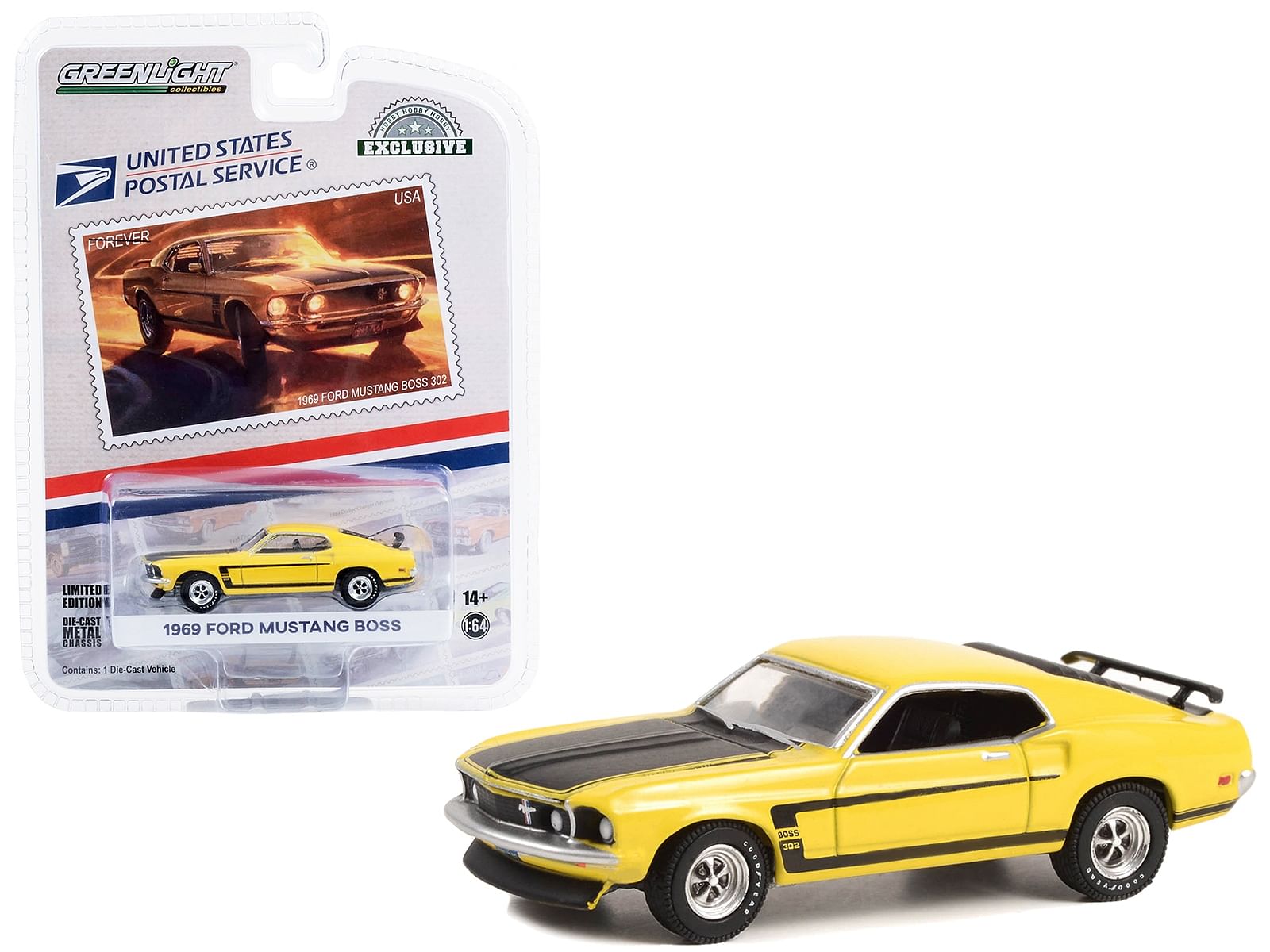 1969 Ford Mustang Boss 302 Yellow with Black Hood and Stripes USPS (United States Postal Service) “2022 Pony Car Stamp Collection” “Hobby Exclusive” Series 1/64 Diecast Model Car by Greenlight