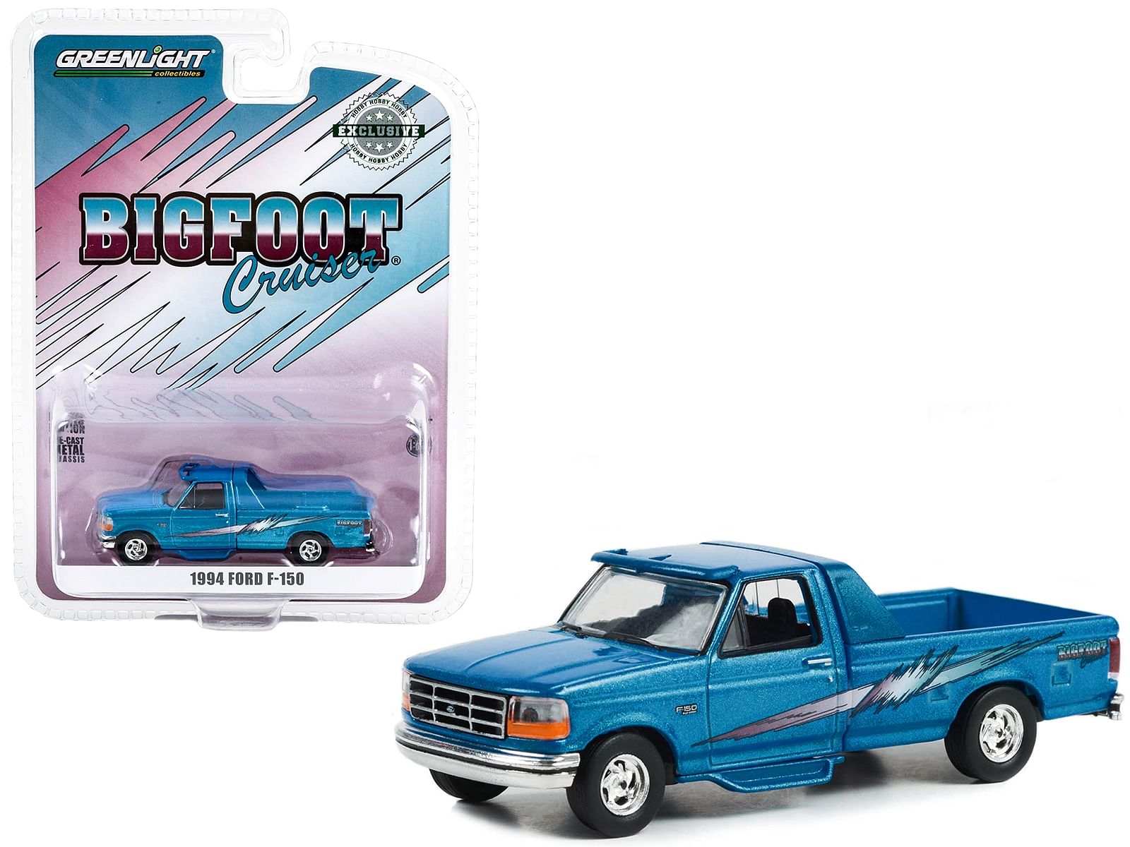 1994 Ford F-150 Pickup Truck “Bigfoot Cruiser” Blue Metallic with Graphics “Hobby Exclusive” Series 1/64 Diecast Model Car by Greenlight