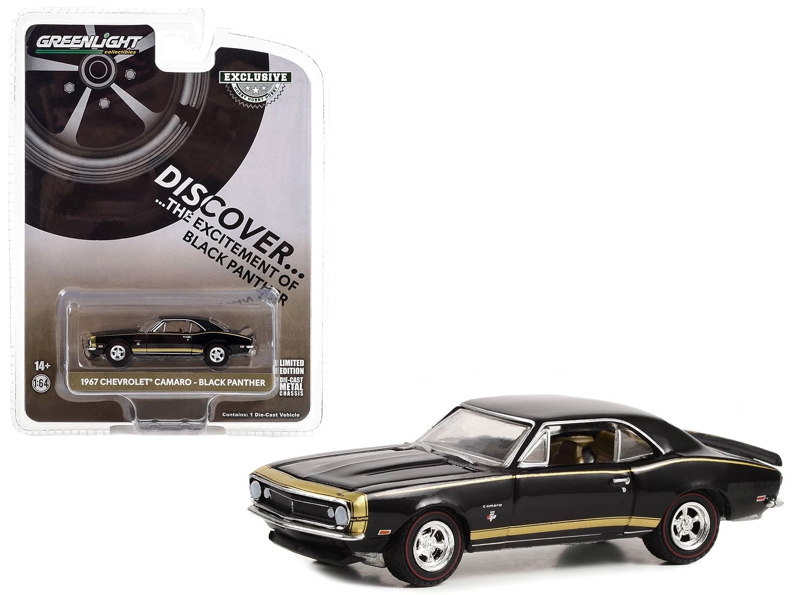 1967 Chevrolet Camaro “Black Panther” Black with Gold Stripes “Hobby Exclusive” Series 1/64 Diecast Model Car by Greenlight