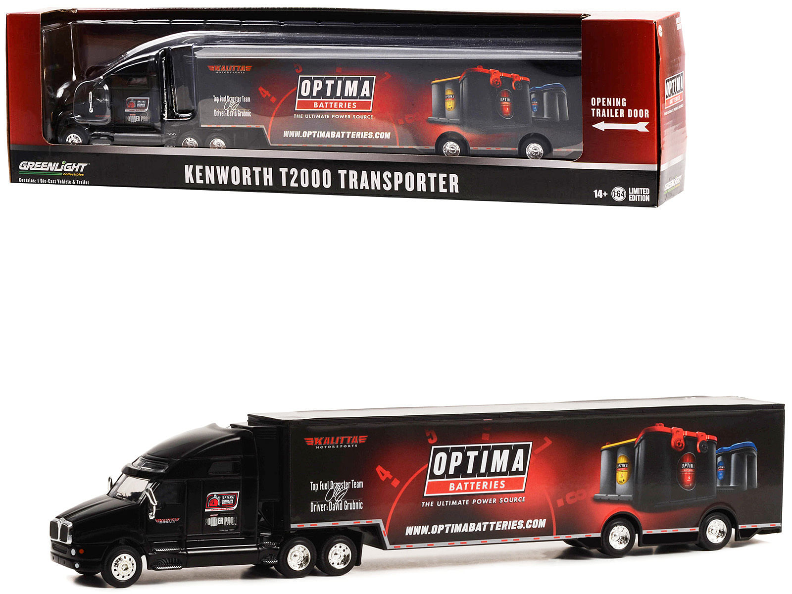 Kenworth T2000 Transporter Black “OPTIMA Batteries: The Ultimate Power Source” “Hobby Exclusive” Series 1/64 Diecast Model by Greenlight