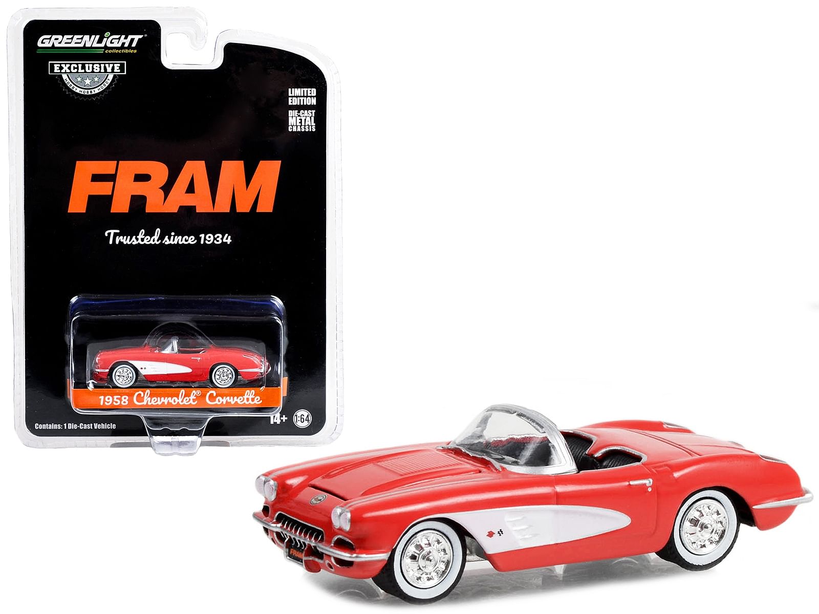 1958 Chevrolet Corvette Convertible Red “FRAM Oil Filters: Trusted Since 1934” “Hobby Exclusive” Series 1/64 Diecast Model Car by Greenlight