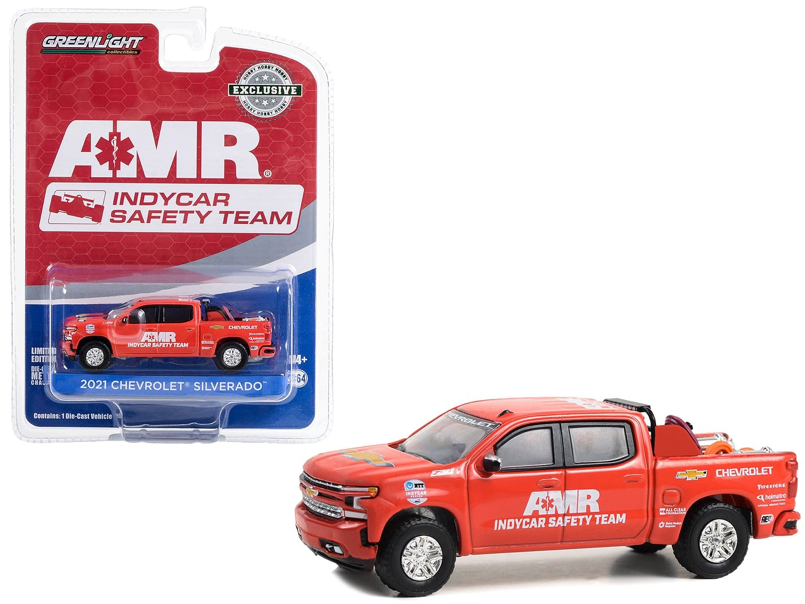 2021 Chevrolet Silverado Pickup Truck Red “2021 NTT IndyCar Series AMR IndyCar Safety Team” with Safety Equipment in Truck Bed “Hobby Exclusive” Series 1/64 Diecast Model by Greenlight