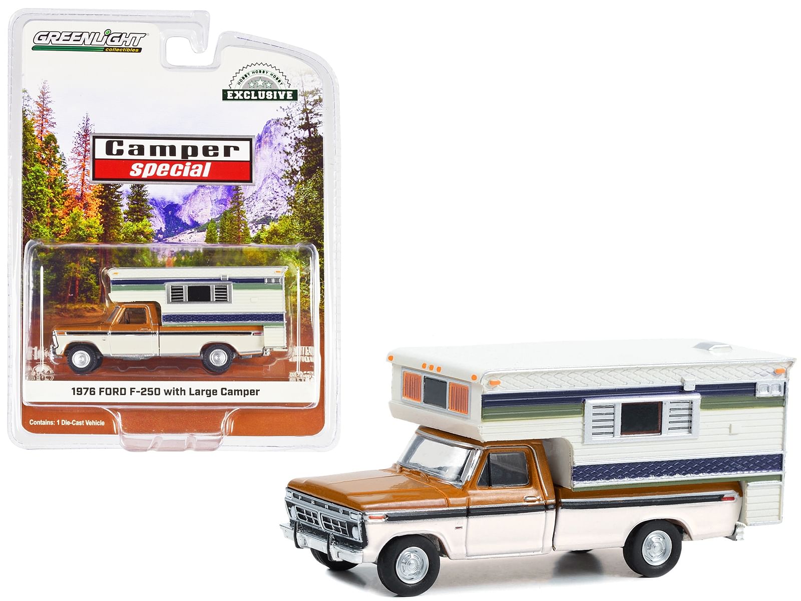 1976 Ford F-250 Pickup Truck with Large Camper Nectarine Orange Metallic and Wimbledon White with Black Stripes “Camper Special” “Hobby Exclusive” Series 1/64 Diecast Model Car by Greenlight