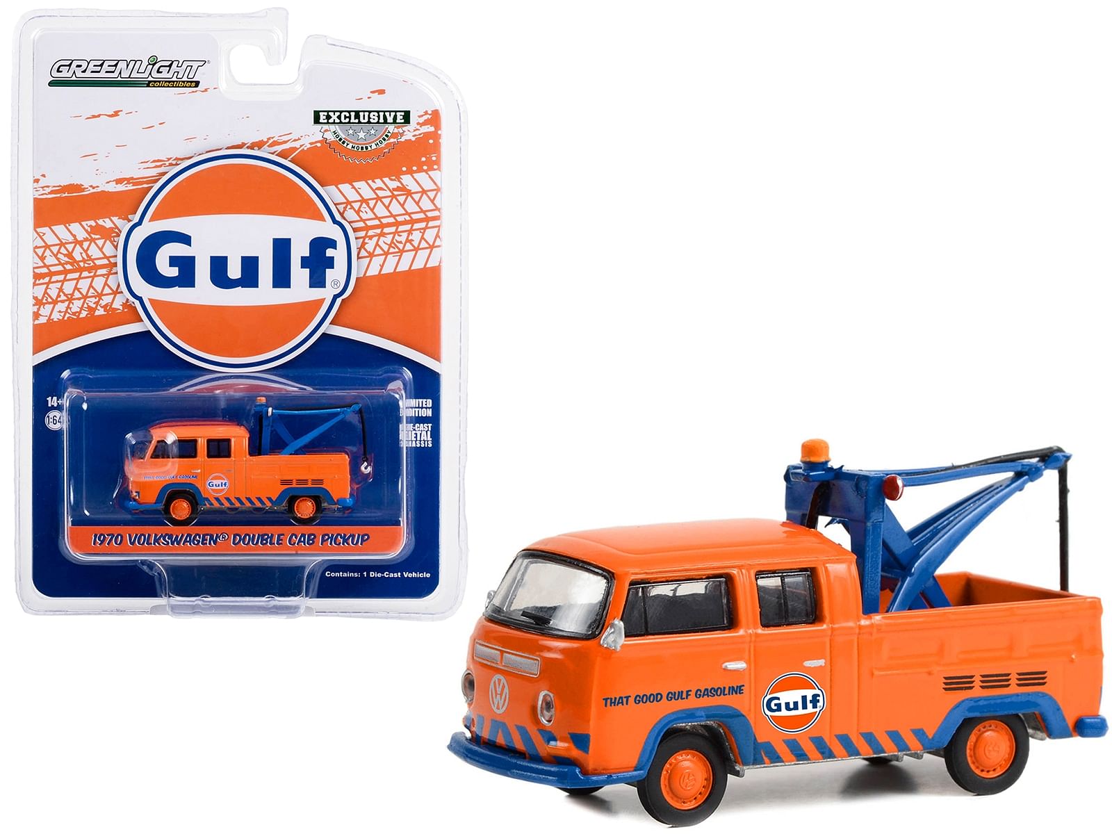 1970 Volkswagen Double Cab Pickup Tow Truck Orange “Gulf Oil – That Good Gulf Gasoline” “Hobby Exclusive” Series 1/64 Diecast Model Car by Greenlight