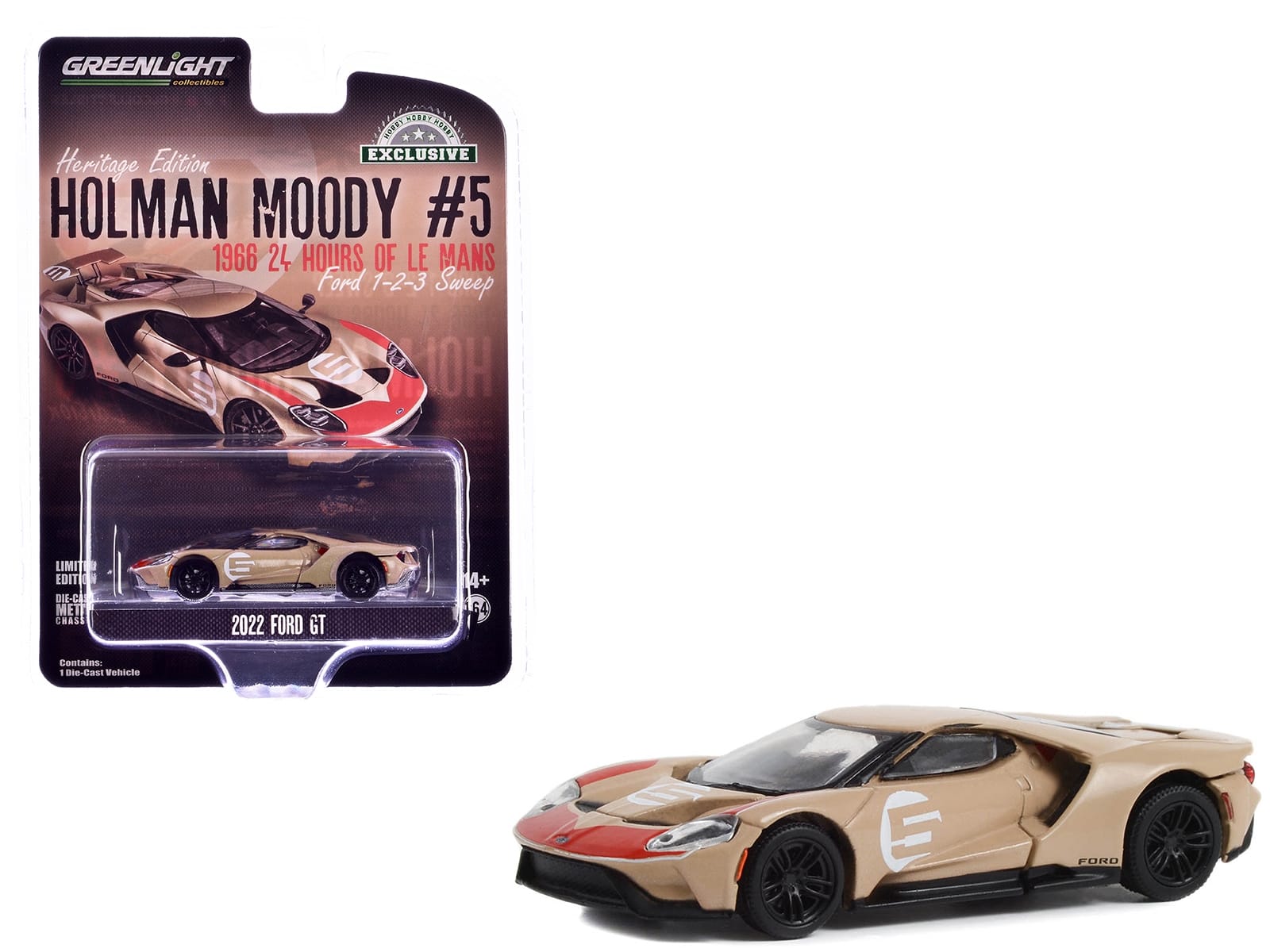 2022 Ford GT Heritage Edition #5 Holman-Moody "1966 24 Hours of Le Mans Ford 1-2-3 Sweep Tribute" Gold Metallic with Red Accents "Hobby Exclusive" Series 1/64 Diecast Model Car by Greenlight - Image 2
