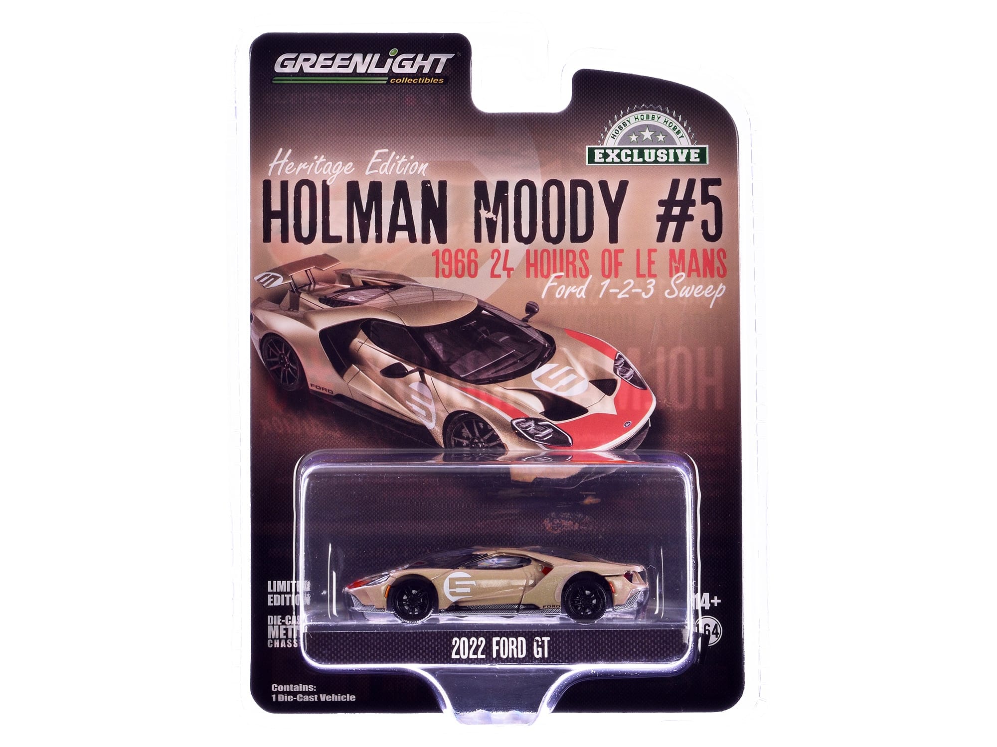 2022 Ford GT Heritage Edition #5 Holman-Moody "1966 24 Hours of Le Mans Ford 1-2-3 Sweep Tribute" Gold Metallic with Red Accents "Hobby Exclusive" Series 1/64 Diecast Model Car by Greenlight - Image 3