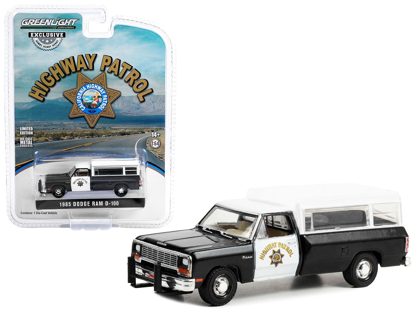 1985 Dodge Ram D-100 Pickup Truck Black and White “California Highway Patrol” with Camper Shell “Hobby Exclusive” Series 1/64 Diecast Model Car by Greenlight