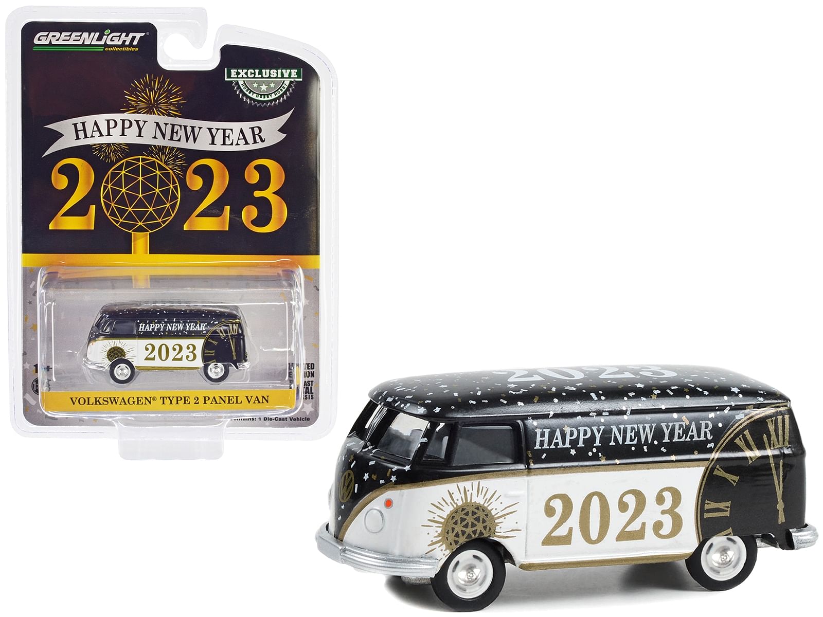 Volkswagen Type 2 Panel Van “Happy New Year 2023” Black and White “Hobby Exclusive” Series 1/64 Diecast Model by Greenlight