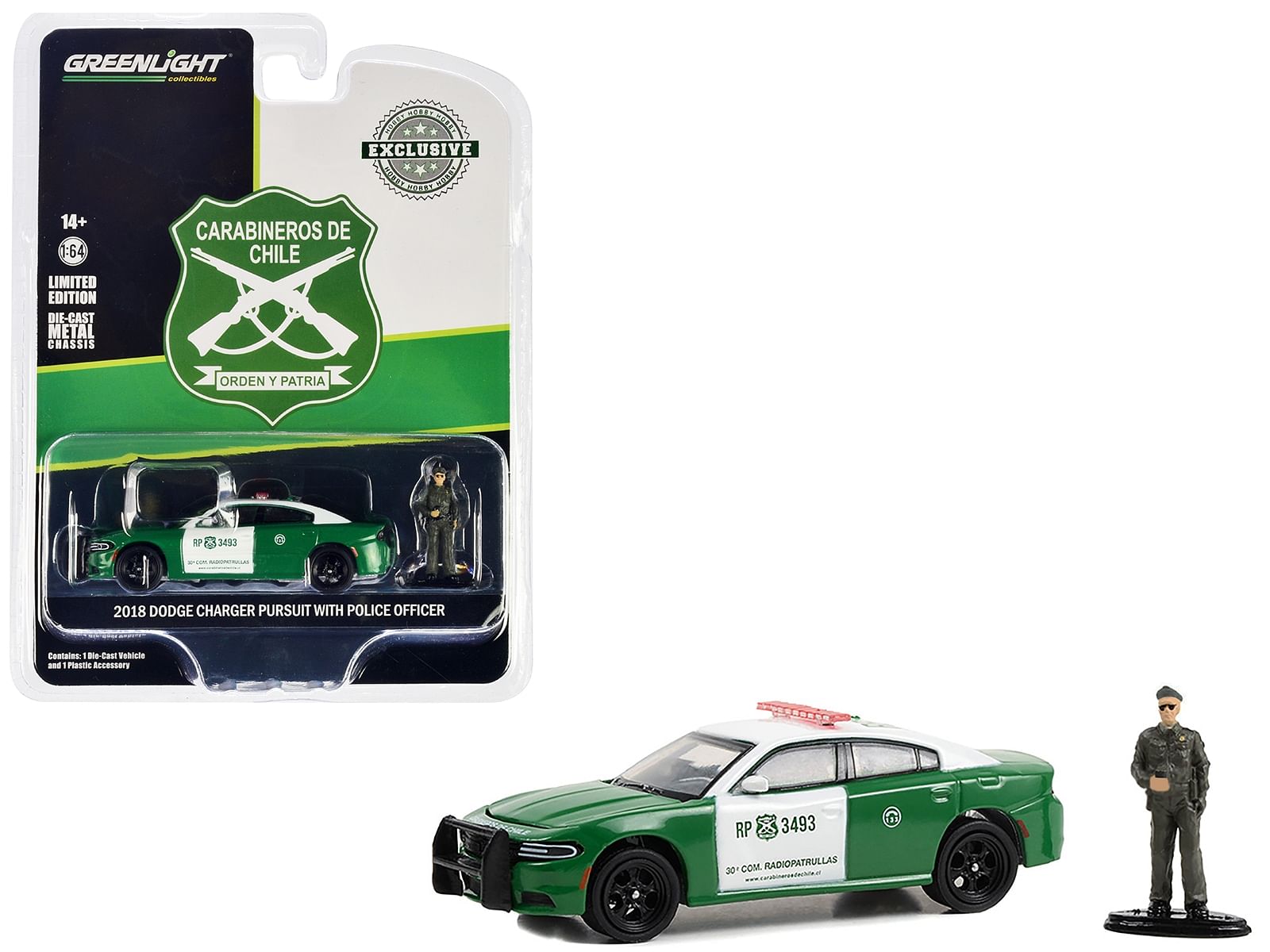 2018 Dodge Charger Pursuit Green and White “Carabineros de Chile” with Carabineros de Chile Police Figure “Hobby Exclusive” Series 1/64 Diecast Model Car by Greenlight