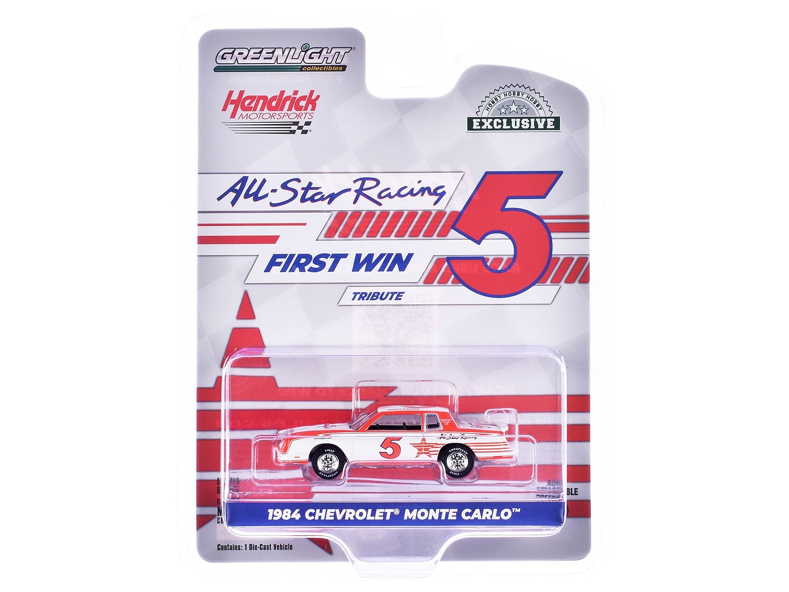 1984 Chevrolet Monte Carlo #5 Geoff Bodine “All-Star Racing (Hendrick Motorsports) First Win Tribute” White and Red with Graphics “Hobby Exclusive” Series 1/64 Diecast Model Car by Greenlight
