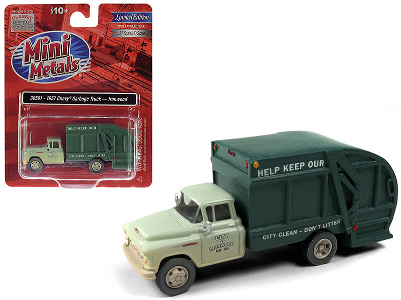 1957 Chevrolet Garbage Truck “Ironwood Sanitation” Light Green and Dark Green (Dirty/Weathered)...