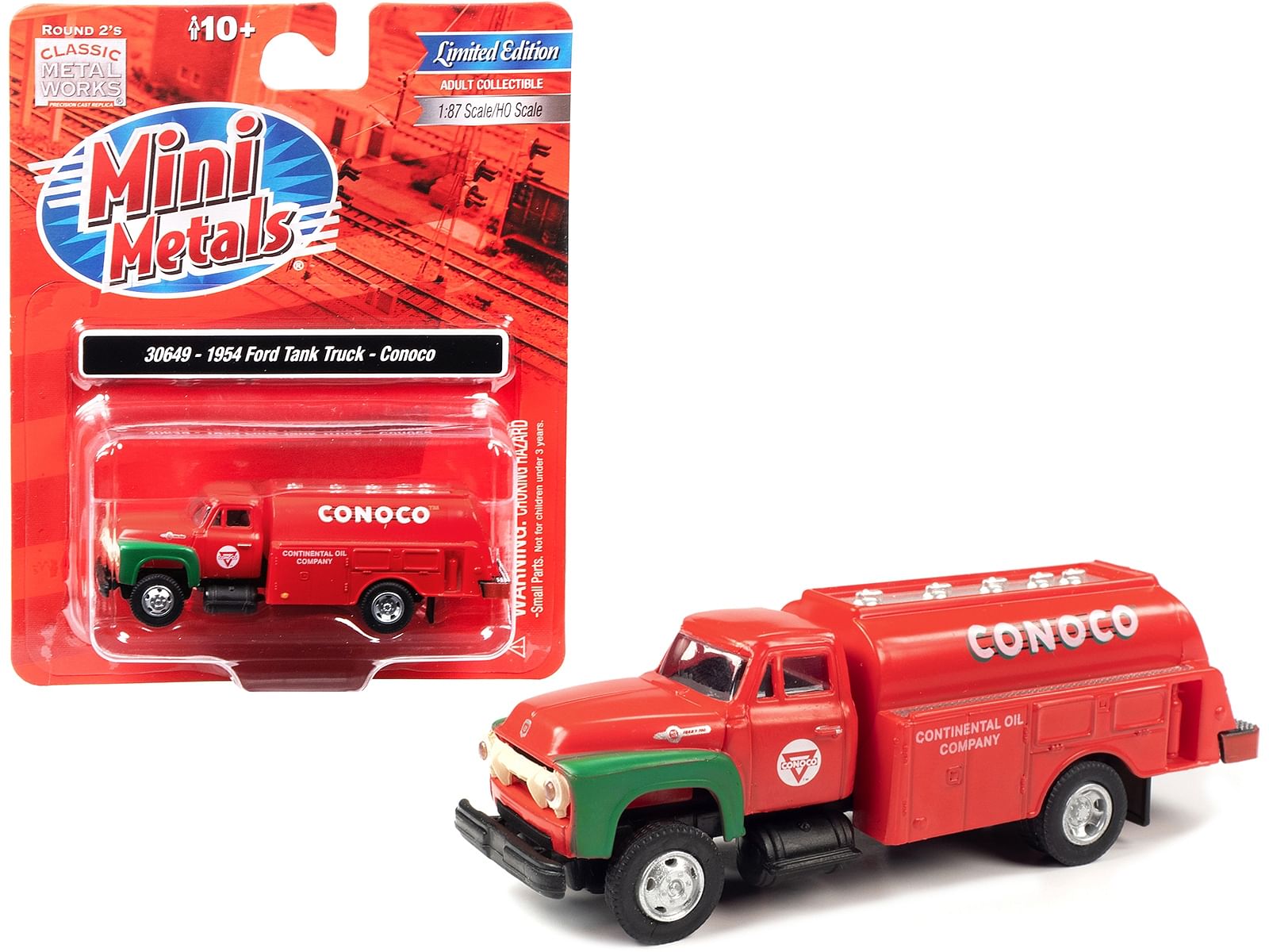 1954 Ford Tanker Truck Red and Green “Conoco” 1/87 (HO) Scale Model by Classic Metal Works