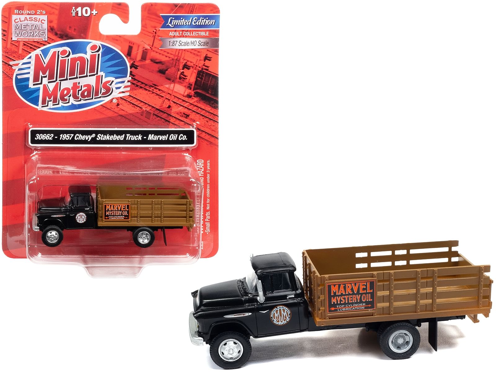 1957 Chevrolet Stakebed Truck Matt Black “Marvel Mystery Oil Co.” 1/87 (HO) Scale Model Car by Classic Metal Works