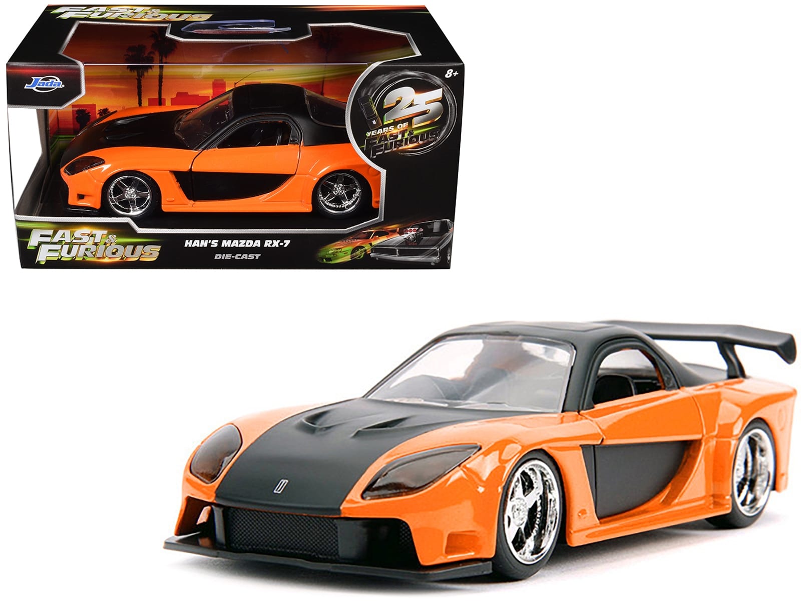 Han's Mazda RX-7 RHD (Right Hand Drive) Orange Metallic and Black "25 Years of Fast & Furious" "The Fast and the Furious: Tokyo Drift" (2006) Movie "Fast & Furious" Series 1/32 Diecast Model Car by Jada