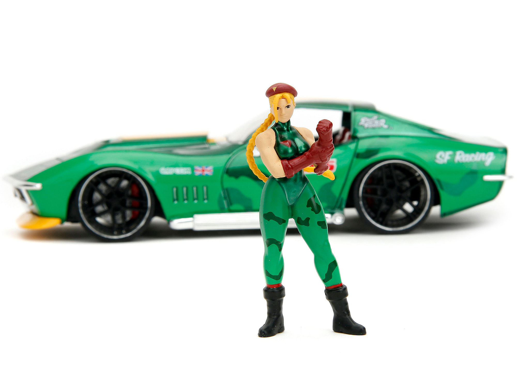 1969 Chevrolet Corvette Stingray ZL1 Green Metallic with Yellow Stripes and Cammy Diecast Figure “Street Fighter” Video Game “Anime Hollywood Rides” Series 1/24 Diecast Model Car by Jada