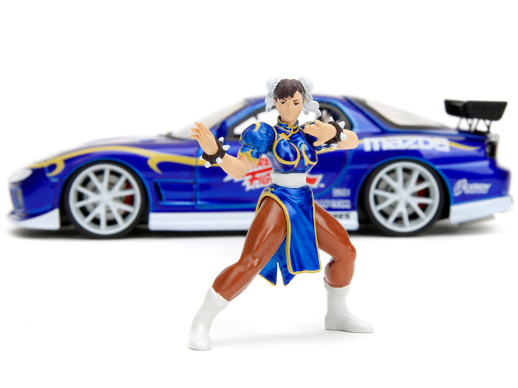 1993 Mazda RX-7 Candy Blue Metallic with Graphics and Chun-Li Diecast Figure “Street Fighter” Video Game “Anime Hollywood Rides” Series 1/24 Diecast Model Car by Jada