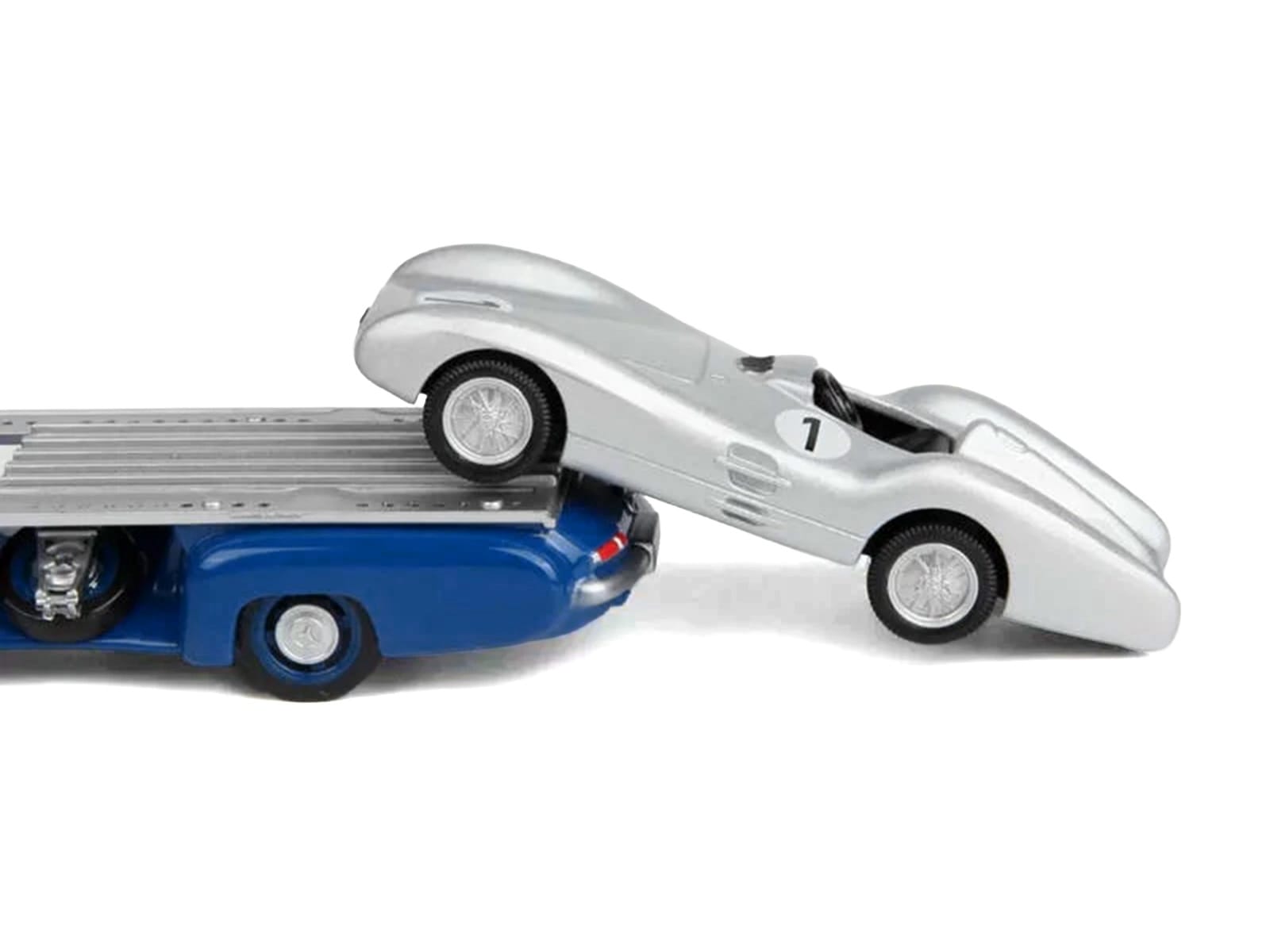 Mercedes-Benz Renntransporter Flatbed Truck Blue and 1954 Mercedes-Benz W196 #1 Silver Metallic 1/64 Diecast Model Car by Norev - Image 2
