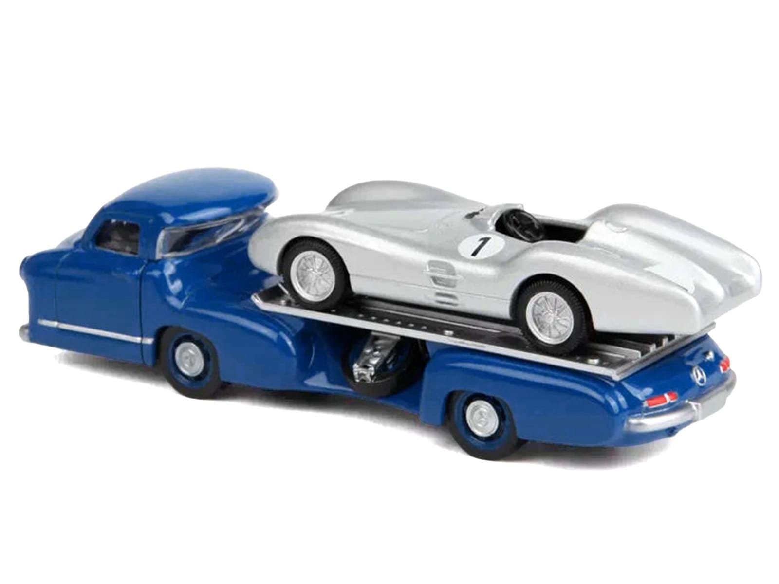 Mercedes-Benz Renntransporter Flatbed Truck Blue and 1954 Mercedes-Benz W196 #1 Silver Metallic 1/64 Diecast Model Car by Norev - Image 3