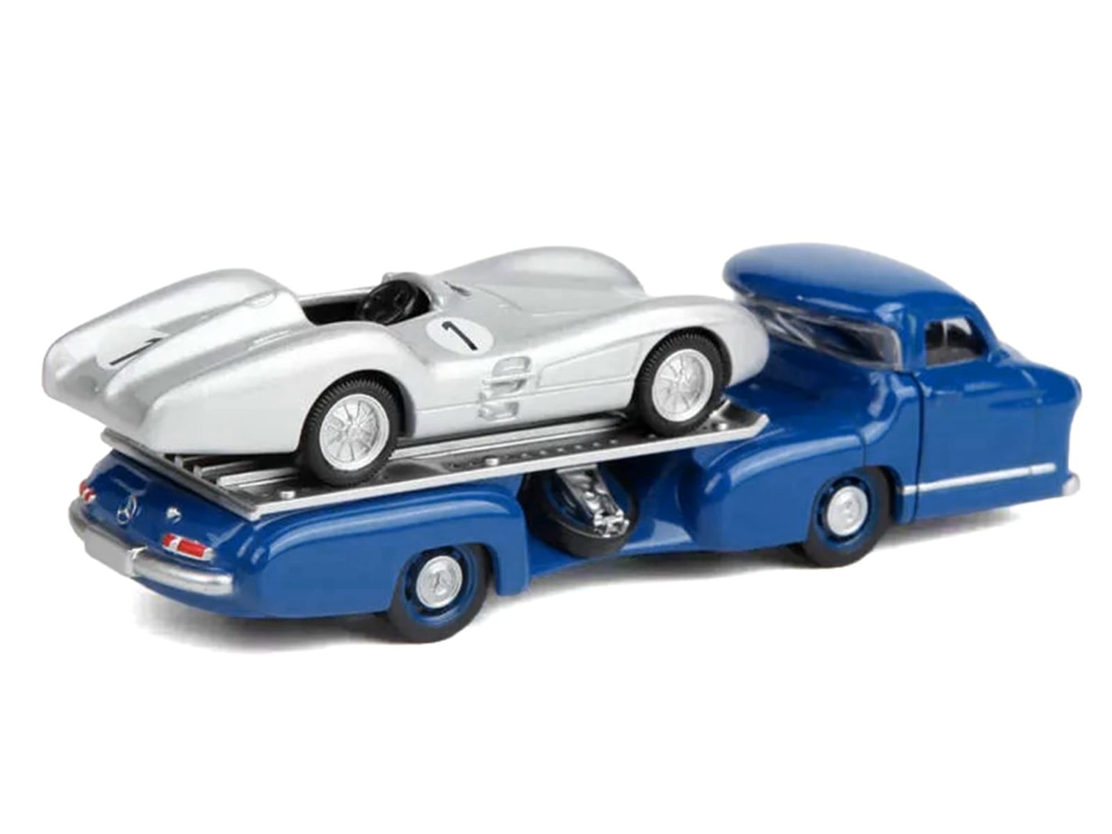 Mercedes-Benz Renntransporter Flatbed Truck Blue and 1954 Mercedes-Benz W196 #1 Silver Metallic 1/64 Diecast Model Car by Norev - Image 4
