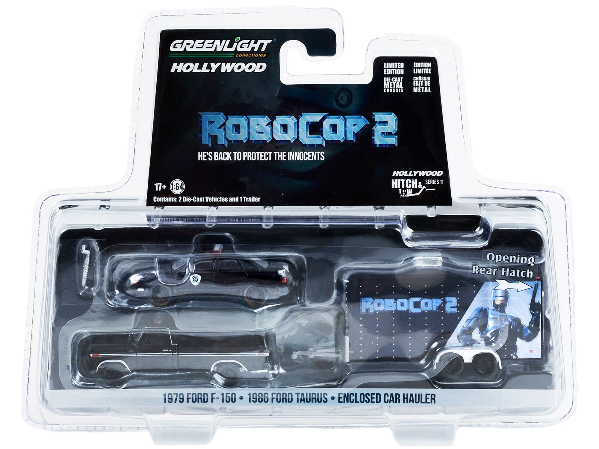 1979 Ford F-150 Pickup Truck Matt Black with 1986 Ford Taurus Detroit Metro West Police Car (Dirty Version) Black and Enclosed Car Hauler “RoboCop 2” (1990) Movie “Hollywood Hitch & Tow” Series 11 1/64 Diecast Model Cars by Greenlight