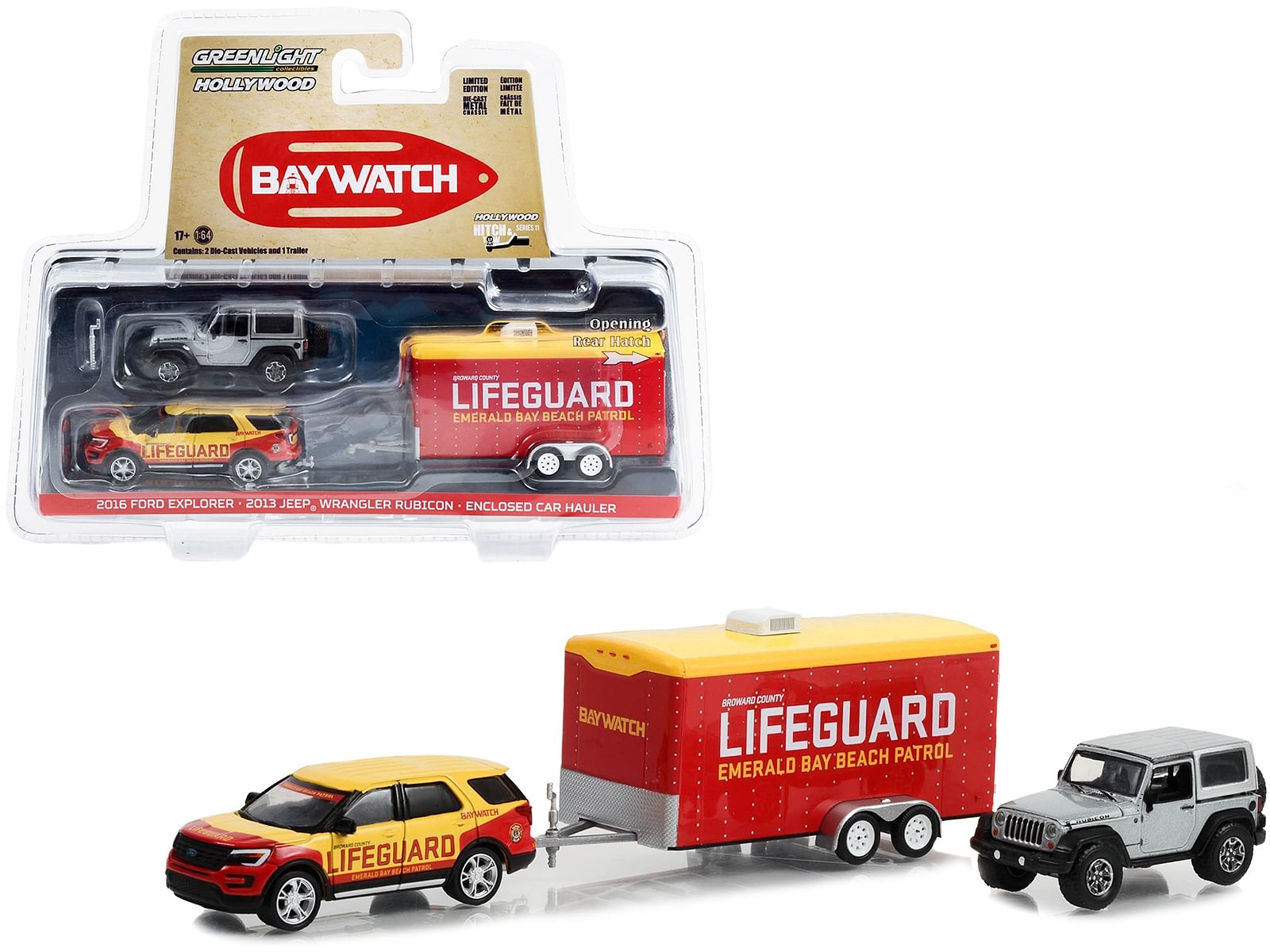 2016 Ford Explorer “Emerald Bay Beach Patrol Lifeguard” Yellow and Red with 2013 Jeep Wrangler Rubicon Gray and Enclosed Car Hauler “Baywatch” (2017) Movie “Hollywood Hitch & Tow” Series 11 1/64 Diecast Model Cars by Greenlight