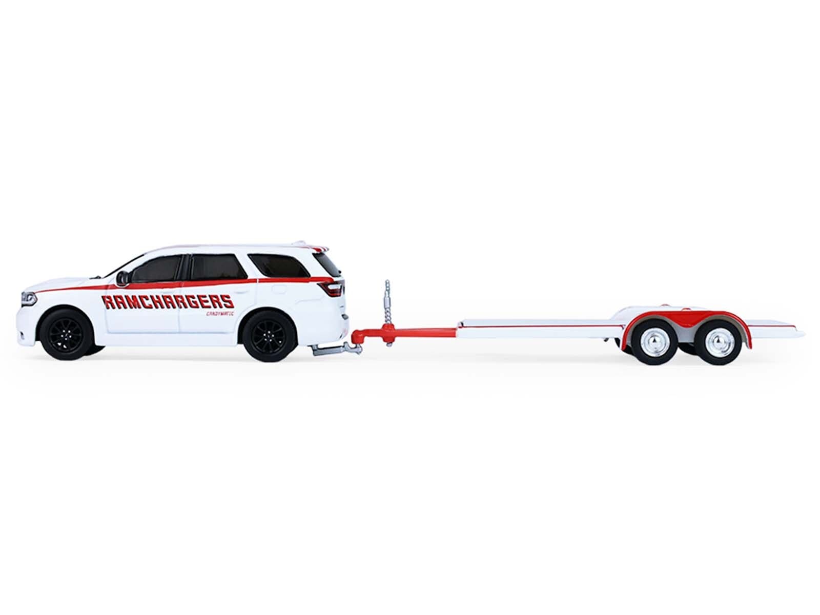 2018 Dodge Durango White with Red Stripes and 2021 Dodge Challenger SRT White with Red Stripes "Ramchargers" with Flatbed Trailer "Racing Hitch & Tow" Series 6 1/64 Diecast Model Cars by Greenlight - Image 2