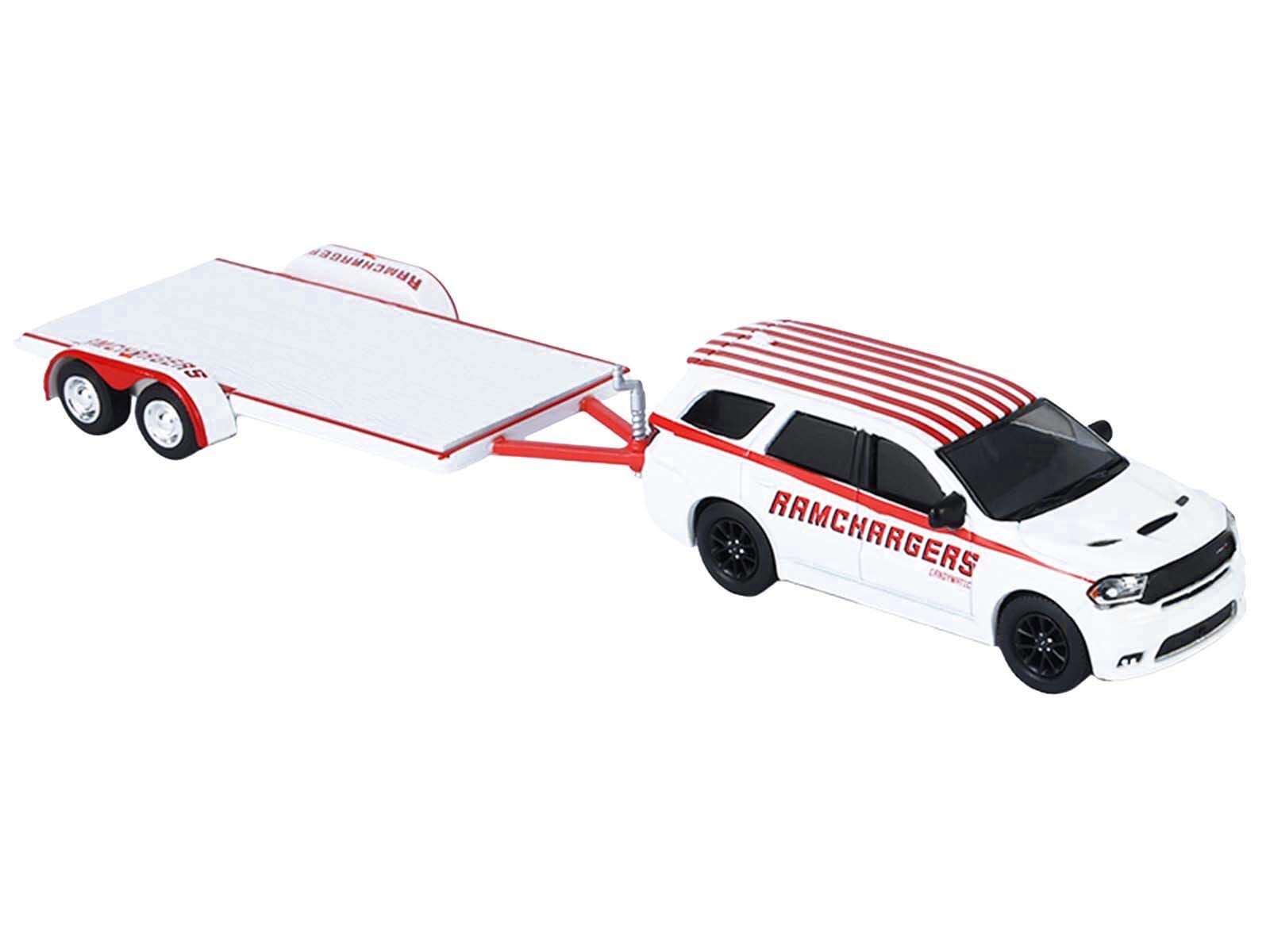 2018 Dodge Durango White with Red Stripes and 2021 Dodge Challenger SRT White with Red Stripes "Ramchargers" with Flatbed Trailer "Racing Hitch & Tow" Series 6 1/64 Diecast Model Cars by Greenlight - Image 3