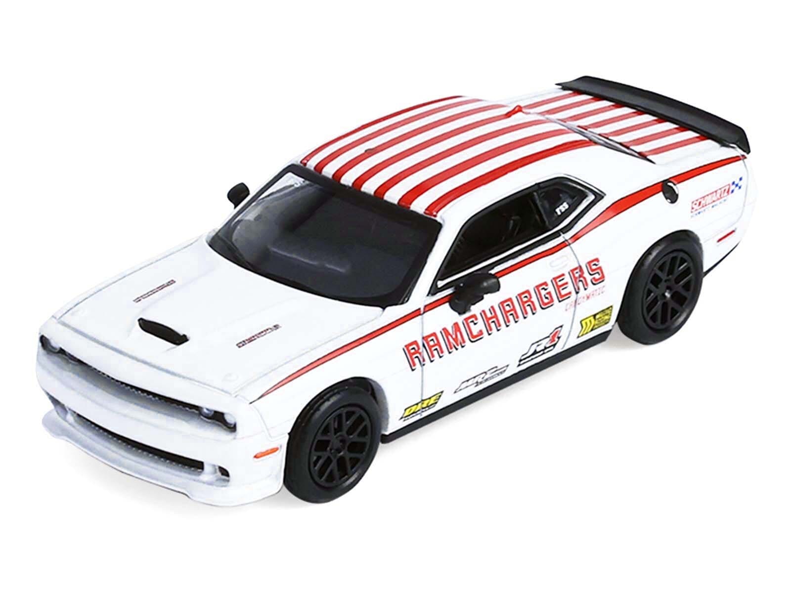 2018 Dodge Durango White with Red Stripes and 2021 Dodge Challenger SRT White with Red Stripes "Ramchargers" with Flatbed Trailer "Racing Hitch & Tow" Series 6 1/64 Diecast Model Cars by Greenlight - Image 4