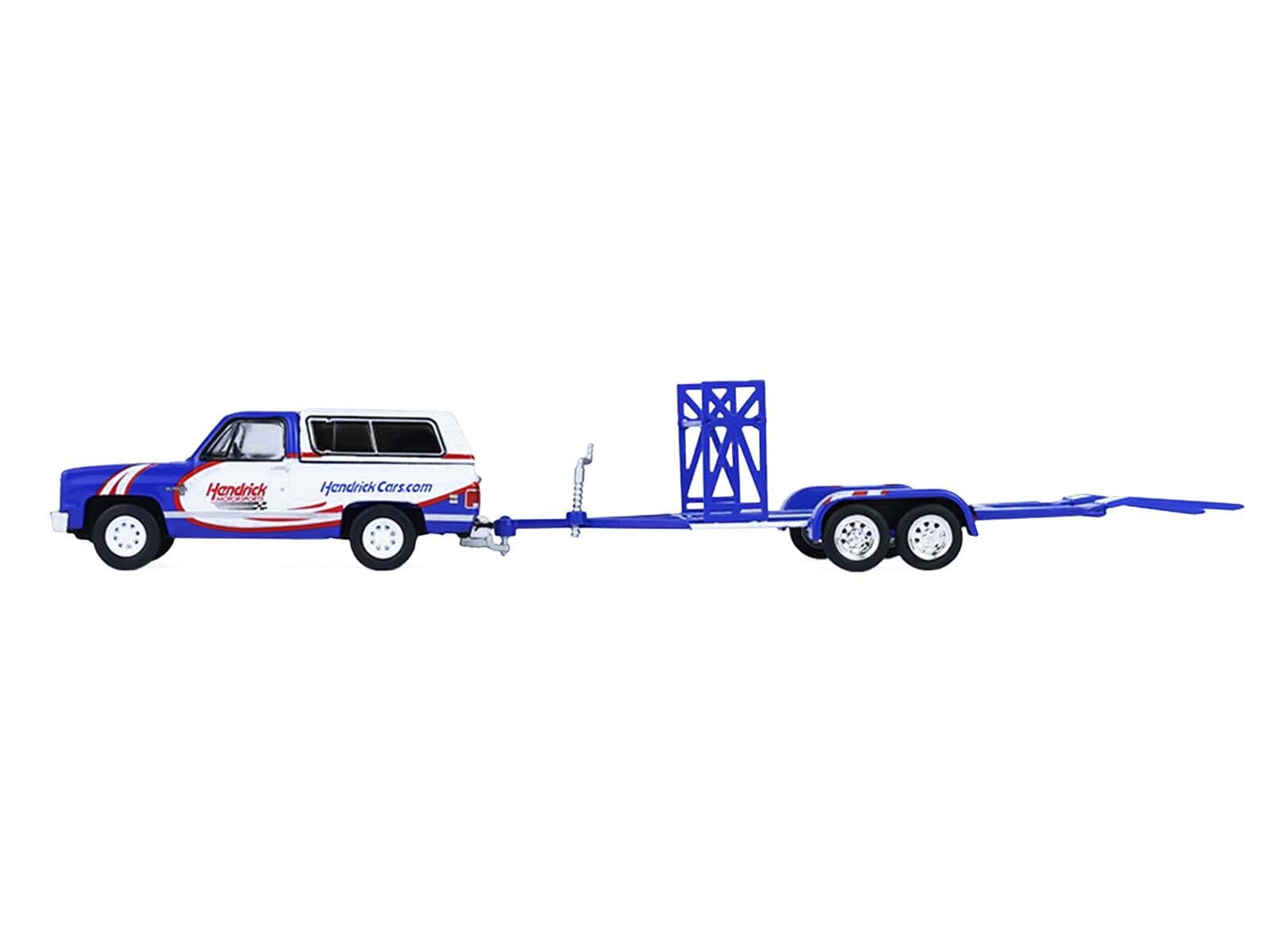 1986 Chevrolet K5 Blazer Blue and White and 1969 Chevrolet Camaro #5 Blue and White "Kyle Larson - Hendrick Motorsports" with Tandem Car Trailer "Racing Hitch & Tow" Series 6 1/64 Diecast Model Cars by Greenlight - Image 2