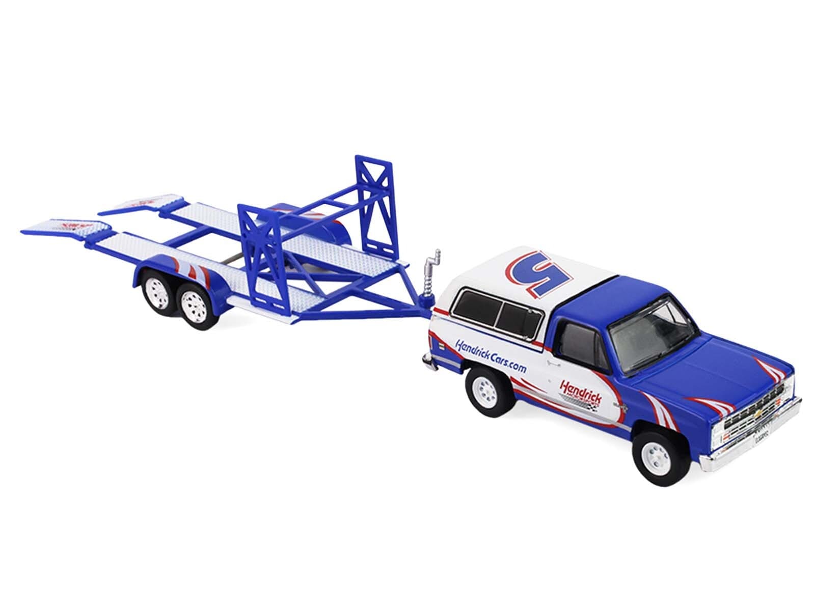 1986 Chevrolet K5 Blazer Blue and White and 1969 Chevrolet Camaro #5 Blue and White "Kyle Larson - Hendrick Motorsports" with Tandem Car Trailer "Racing Hitch & Tow" Series 6 1/64 Diecast Model Cars by Greenlight - Image 3